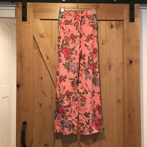 PAM & GELA Pink Floral Wide Leg Pants Green Tuxedo Stripe Size P - Picture 2 of 6